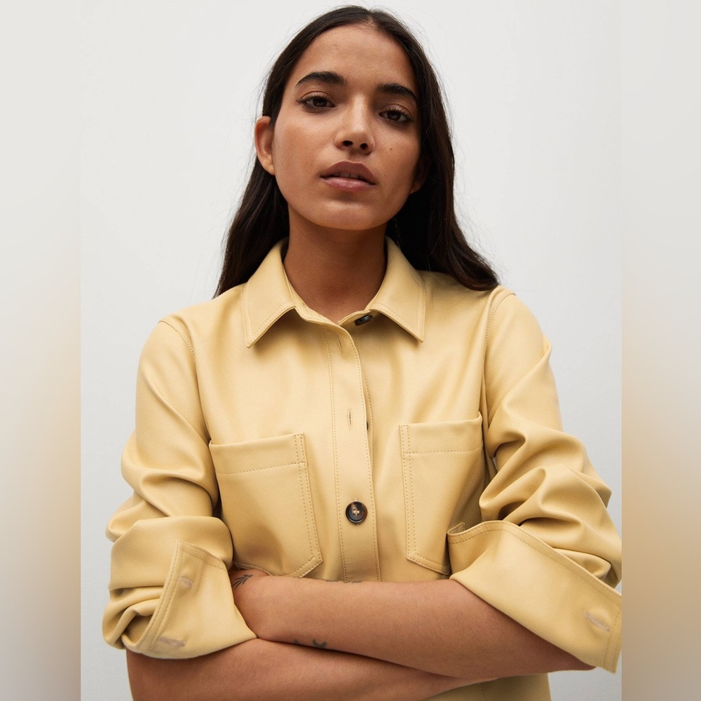 Mango Yellow Faux Leather Shirt Dress sz 2 - Picture 6 of 12